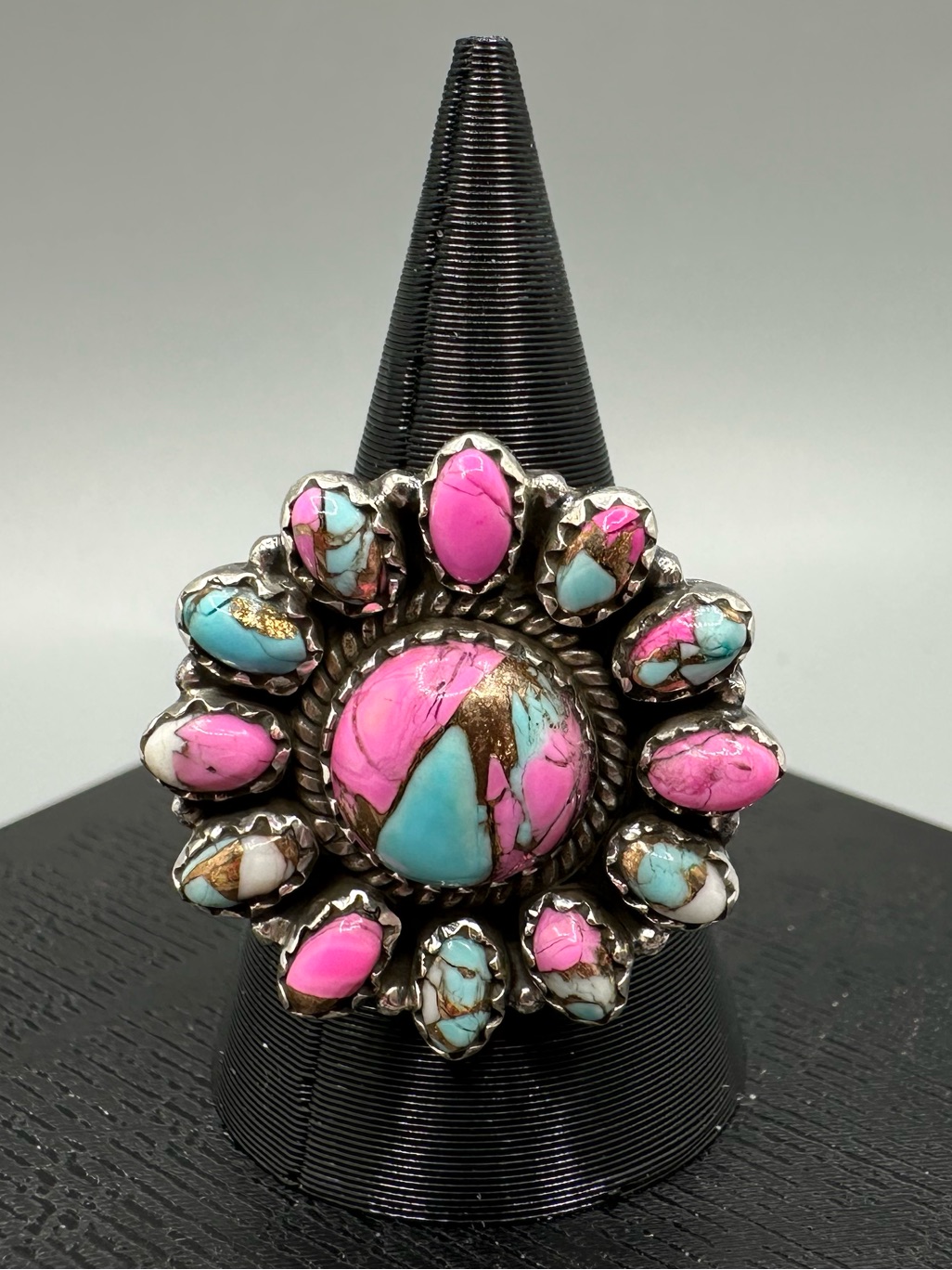 Cotton Candy Turquoise Sterling Silver 925 Handmade Cluster Ring Adjustable